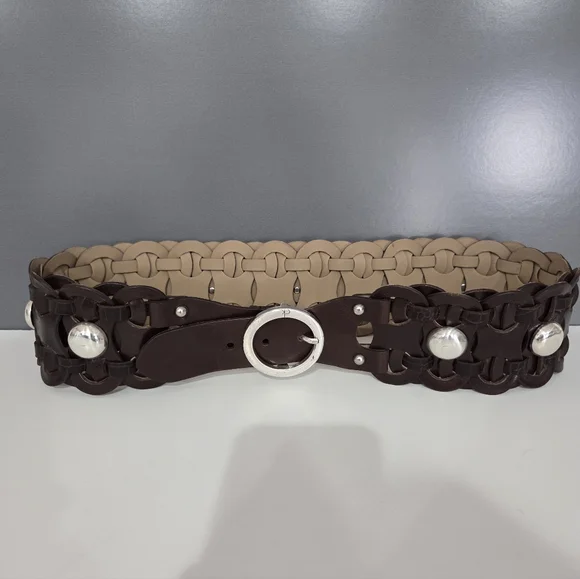 Calvin Klein Woven Wide Brown Leather Belt - Picture 4 of 6